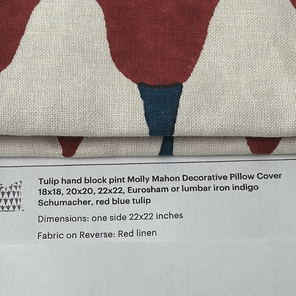 COPY - Molly Mahon Decorative Pillow 22X22 Inches. Red Blue Tulip. - Picture 2 of 4